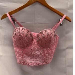 Y2K Reigning Lace Bustier Top Baby Pink Rhinestone Embellished Beaded
